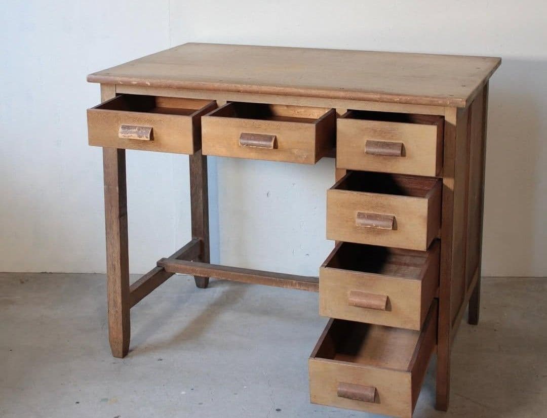 ヴィンテージ片袖机 デスク 木製文机 6引き出し付き