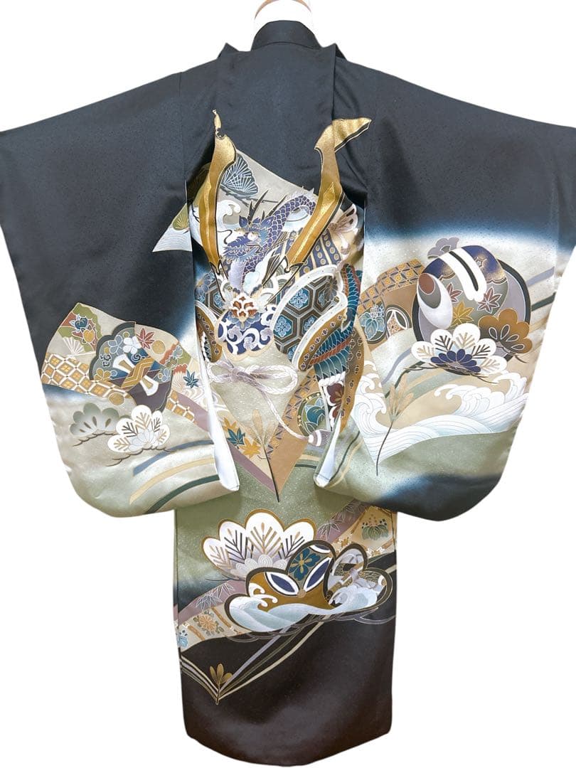 人気!総絞り被布♡七五三　3歳　男の子　フルセット　一式　兜　黒系