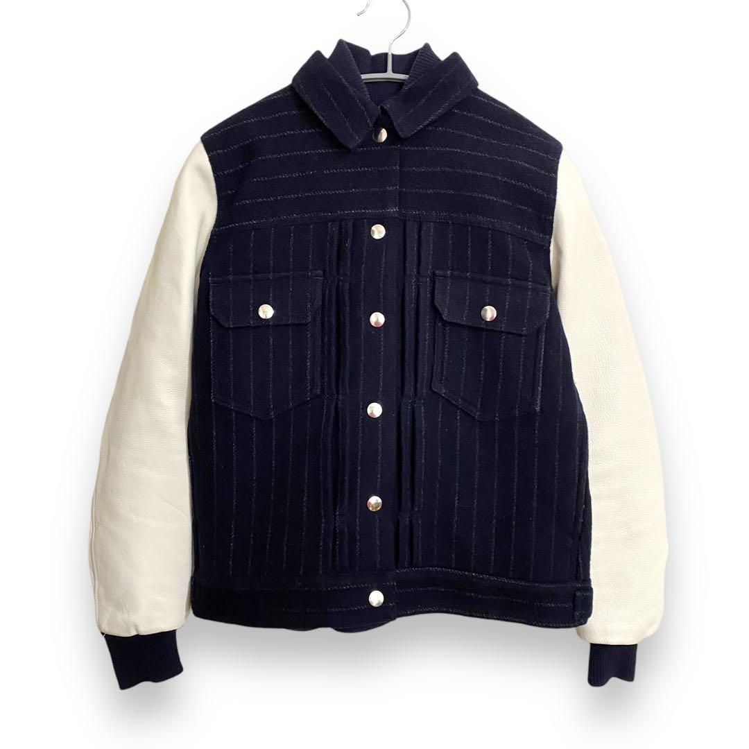 sacai luck サカイラック 袖レザースタジャン ネイビー ストライプ S
