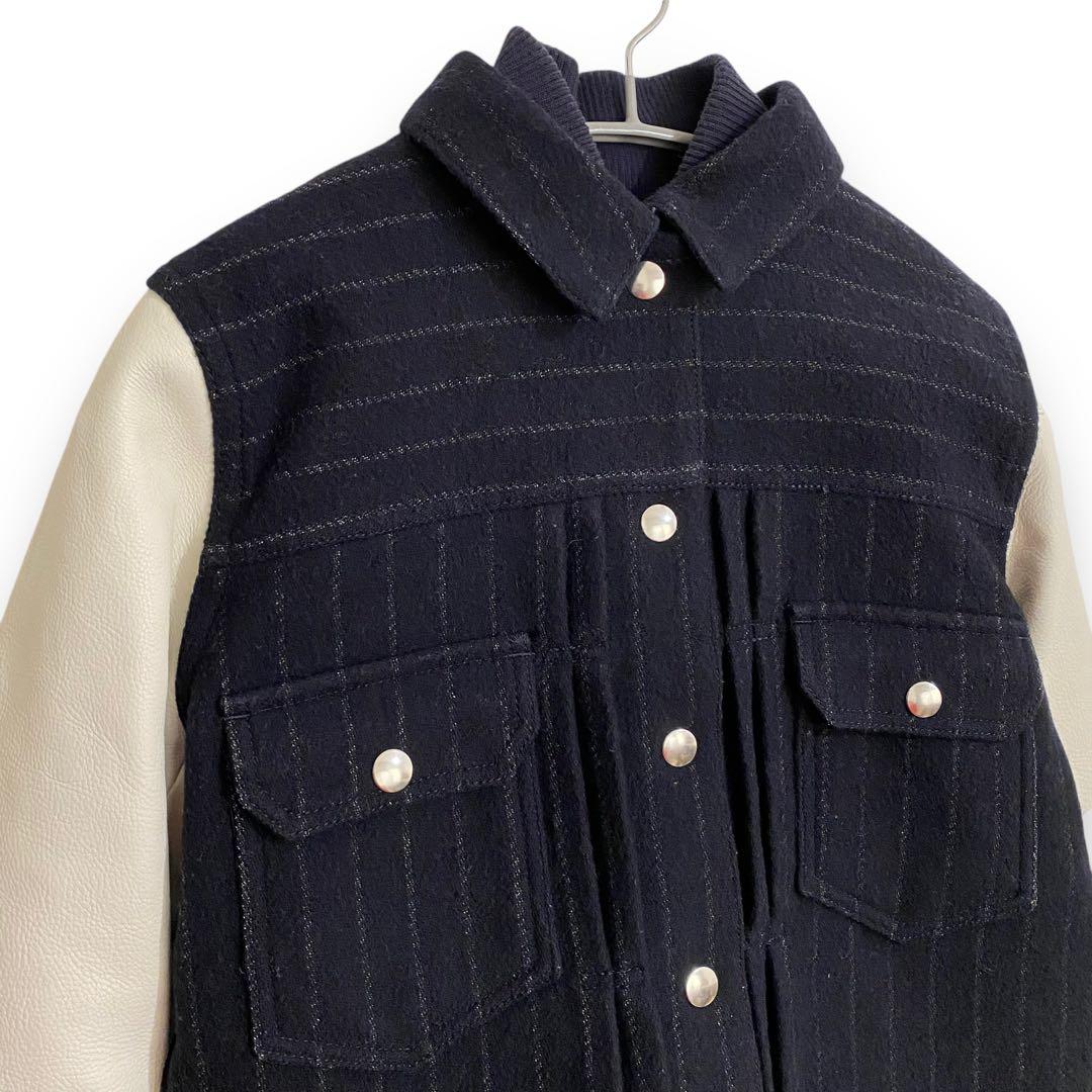 sacai luck サカイラック 袖レザースタジャン ネイビー ストライプ S