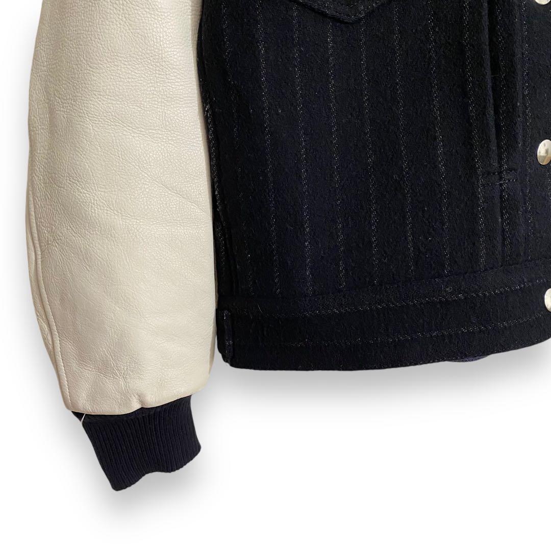 sacai luck サカイラック 袖レザースタジャン ネイビー ストライプ S