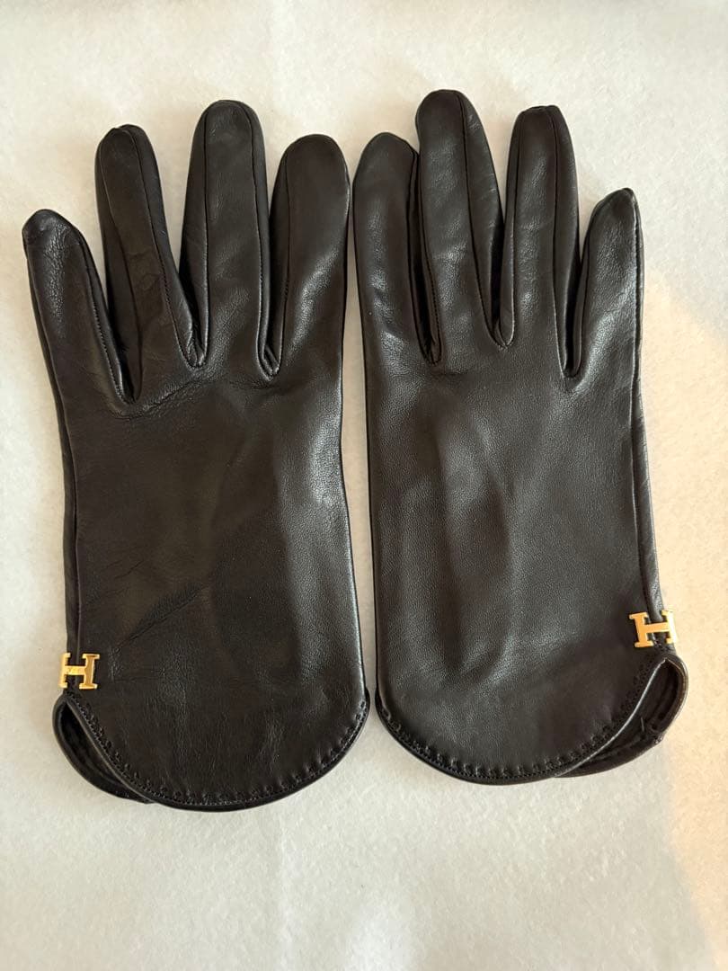 エルメス ラムレザー 手袋 ゴールド金具 ブラック サイズ7
