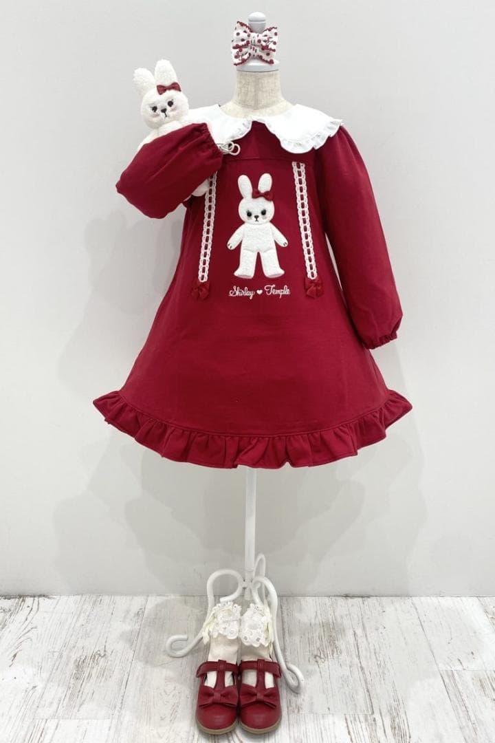 ◆うさぎアップリケロゴ刺繍ワンピース◆長袖◆シャーリーテンプル◆アカ◆ウサギ◆