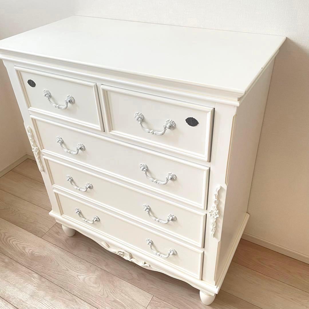 鍵付き アンティーク チェスト ハンプトンIIシリーズ 5D 白家具 姫 ロココ