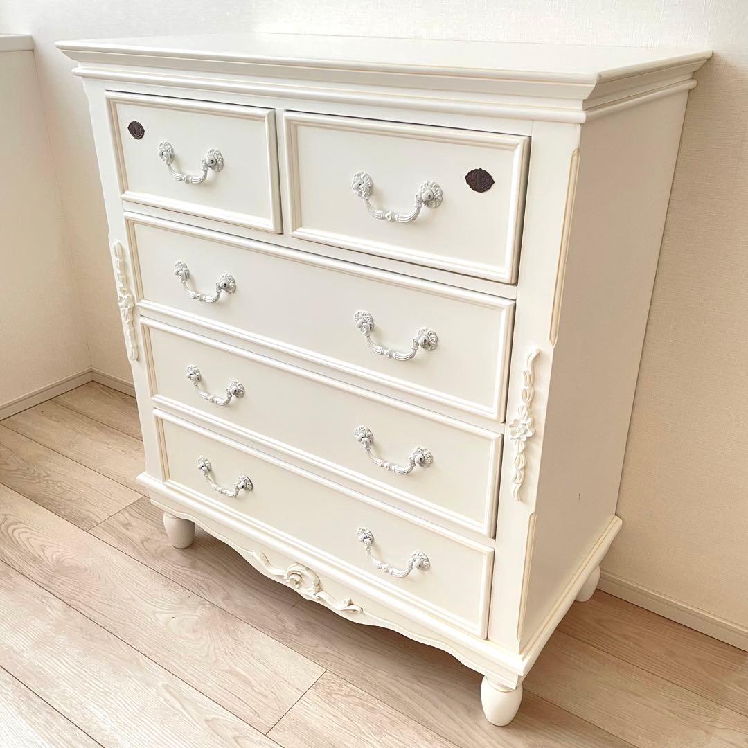 鍵付き アンティーク チェスト ハンプトンIIシリーズ 5D 白家具 姫 ロココ