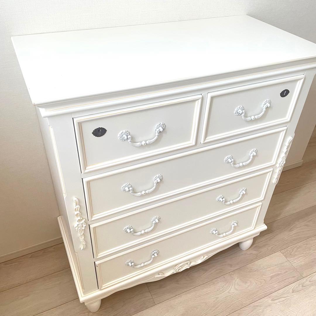 鍵付き アンティーク チェスト ハンプトンIIシリーズ 5D 白家具 姫 ロココ