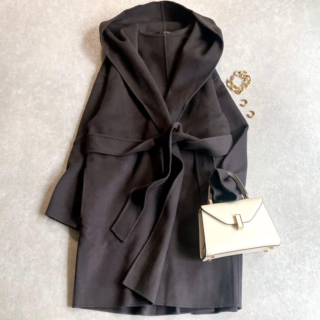 美品 アルアバイル 高級カシミヤ混リバーフーディーコート ベルト付 ミドル丈