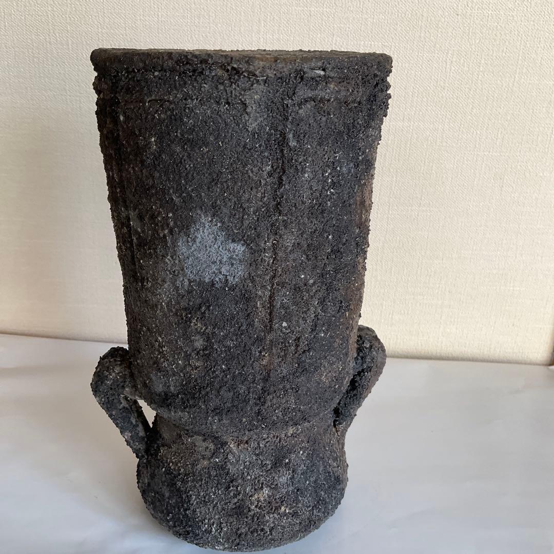 備前焼　岡山県重要無形文化財保持者各見政峯作　備前窯変耳付花入