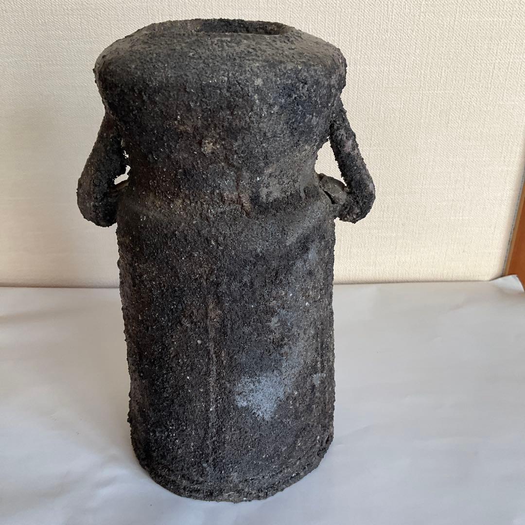 備前焼　岡山県重要無形文化財保持者各見政峯作　備前窯変耳付花入