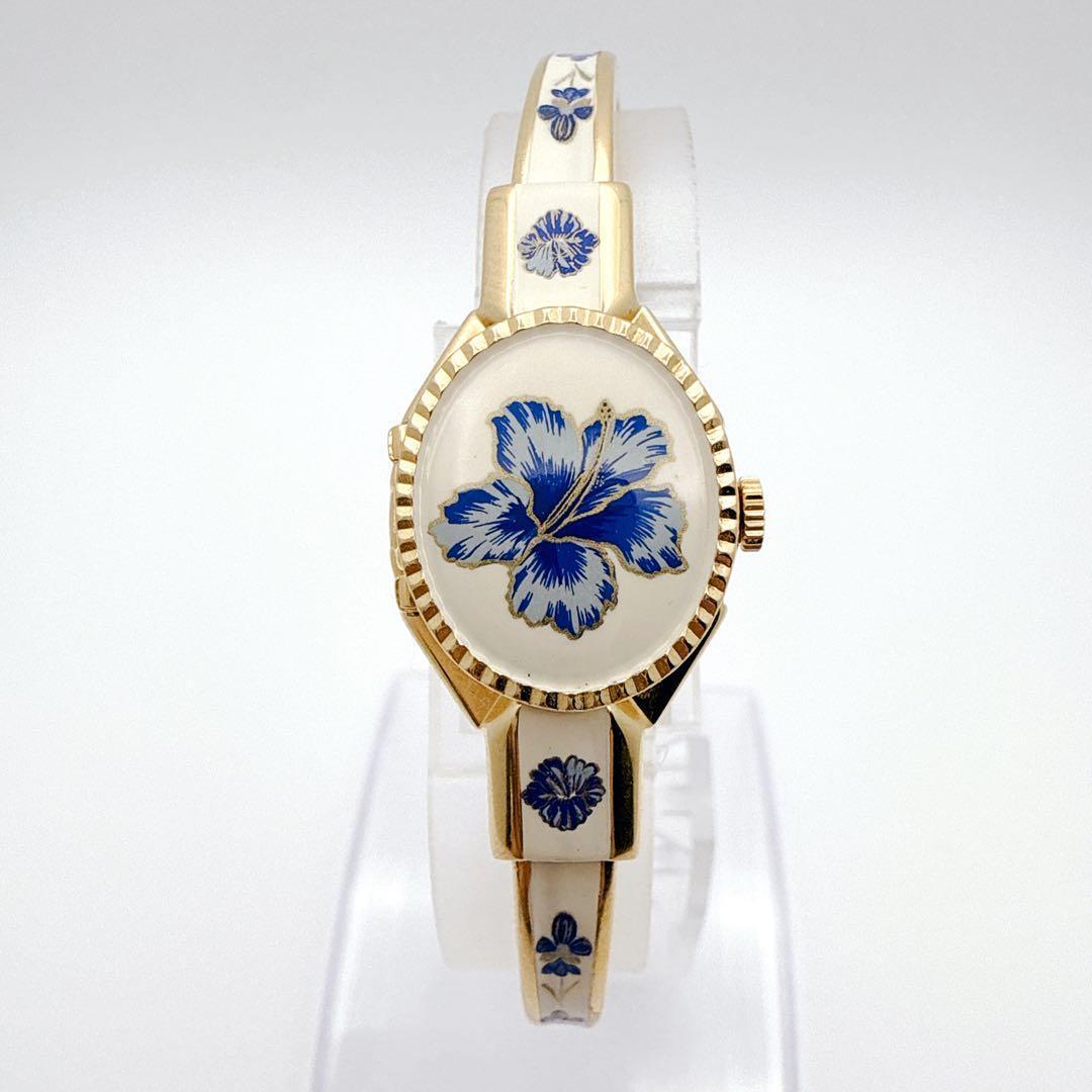 極美品✨ アンドレムッシュ　バングルウォッチ　花柄　フラワー ゴールド　スイス製