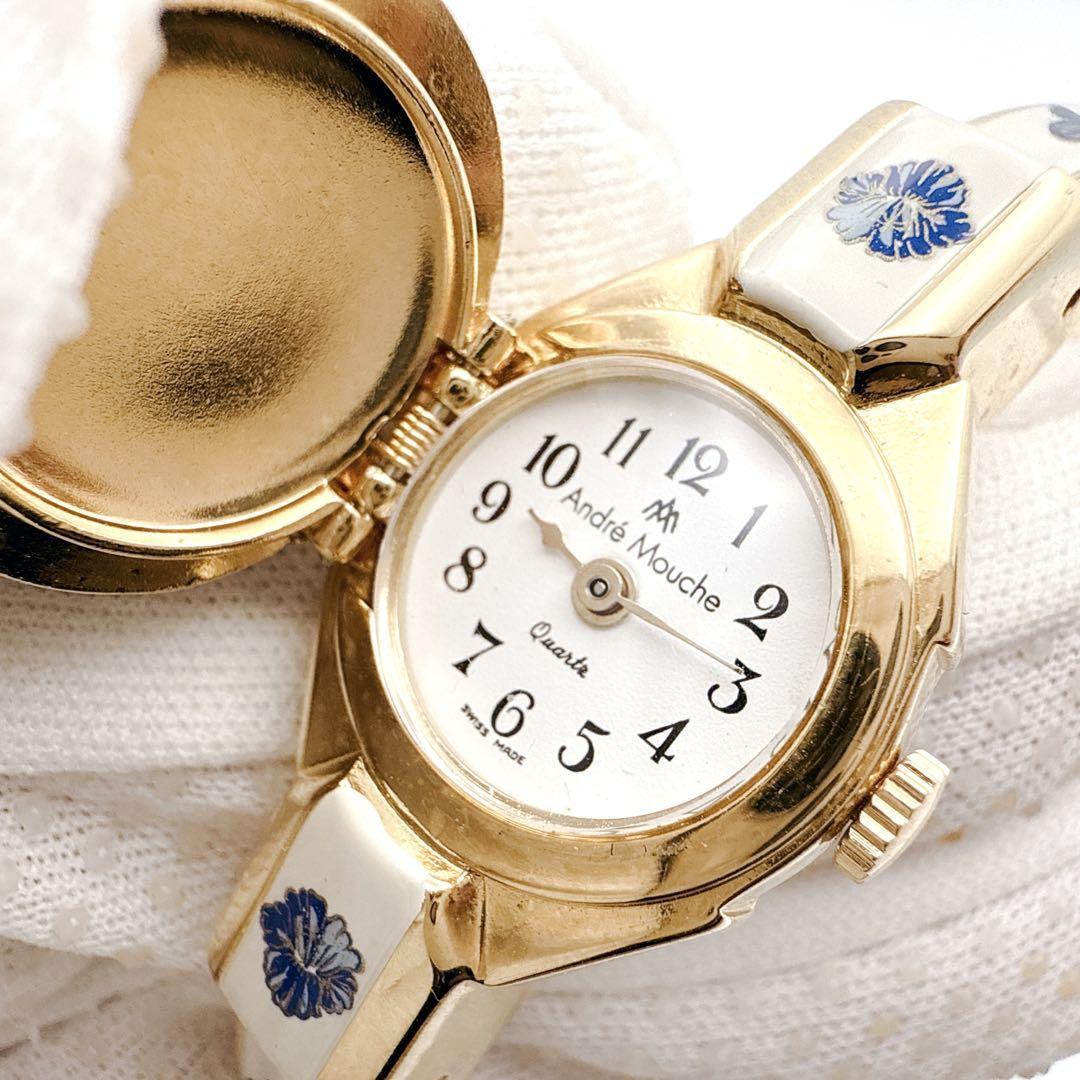 極美品✨ アンドレムッシュ　バングルウォッチ　花柄　フラワー ゴールド　スイス製