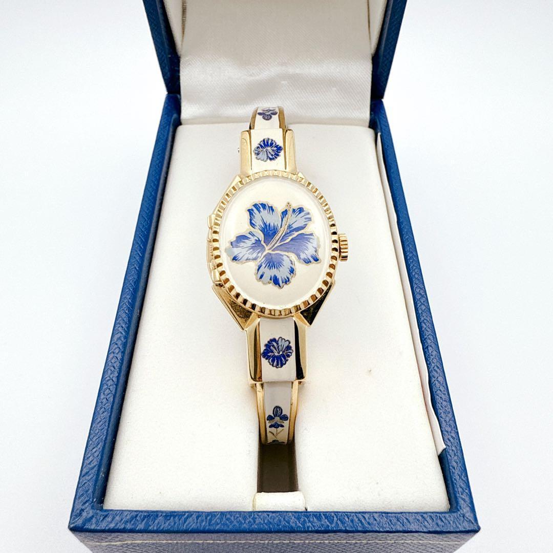 極美品✨ アンドレムッシュ　バングルウォッチ　花柄　フラワー ゴールド　スイス製