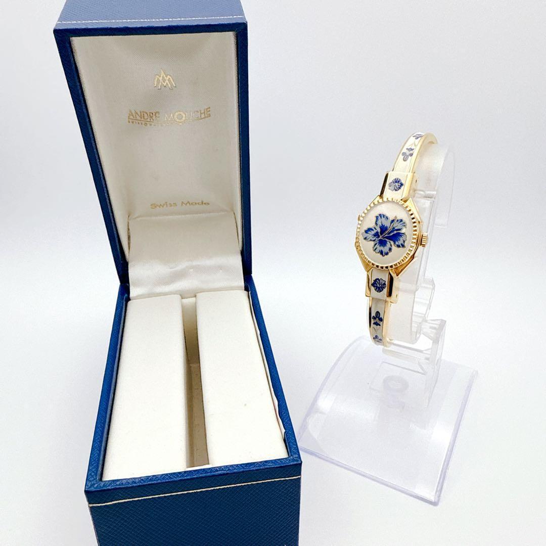 極美品✨ アンドレムッシュ　バングルウォッチ　花柄　フラワー ゴールド　スイス製