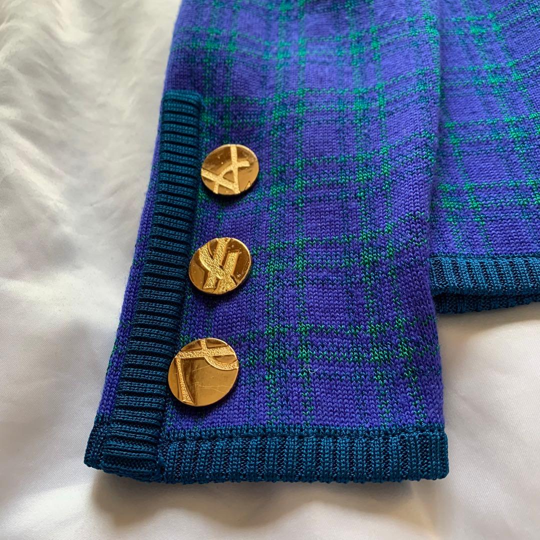 YSL チェック柄 ニット ジャケット 金ボタン ブルー × グリーン