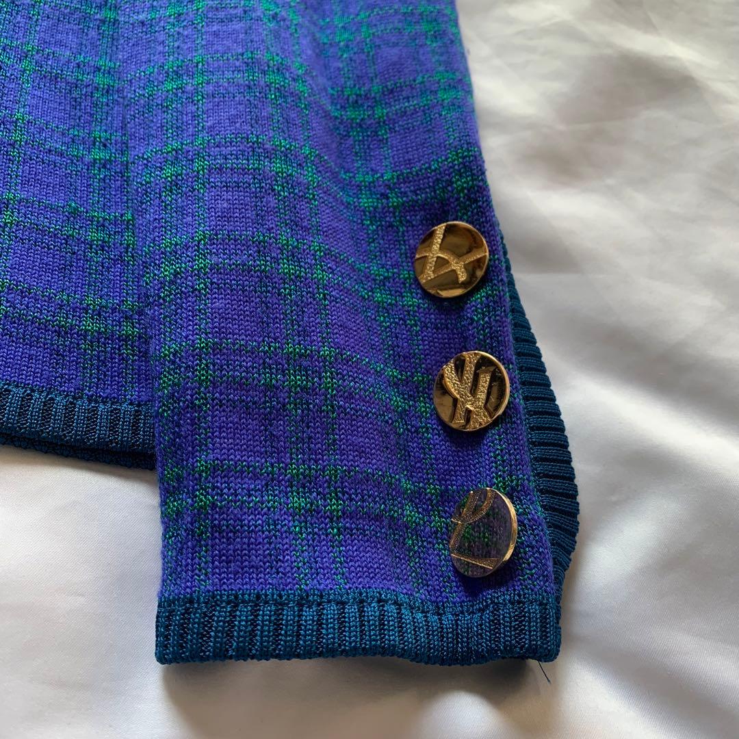 YSL チェック柄 ニット ジャケット 金ボタン ブルー × グリーン