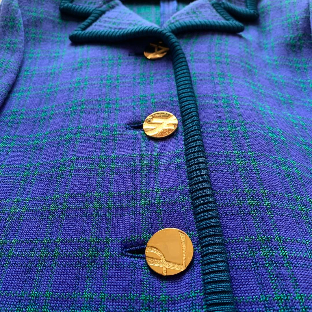 YSL チェック柄 ニット ジャケット 金ボタン ブルー × グリーン