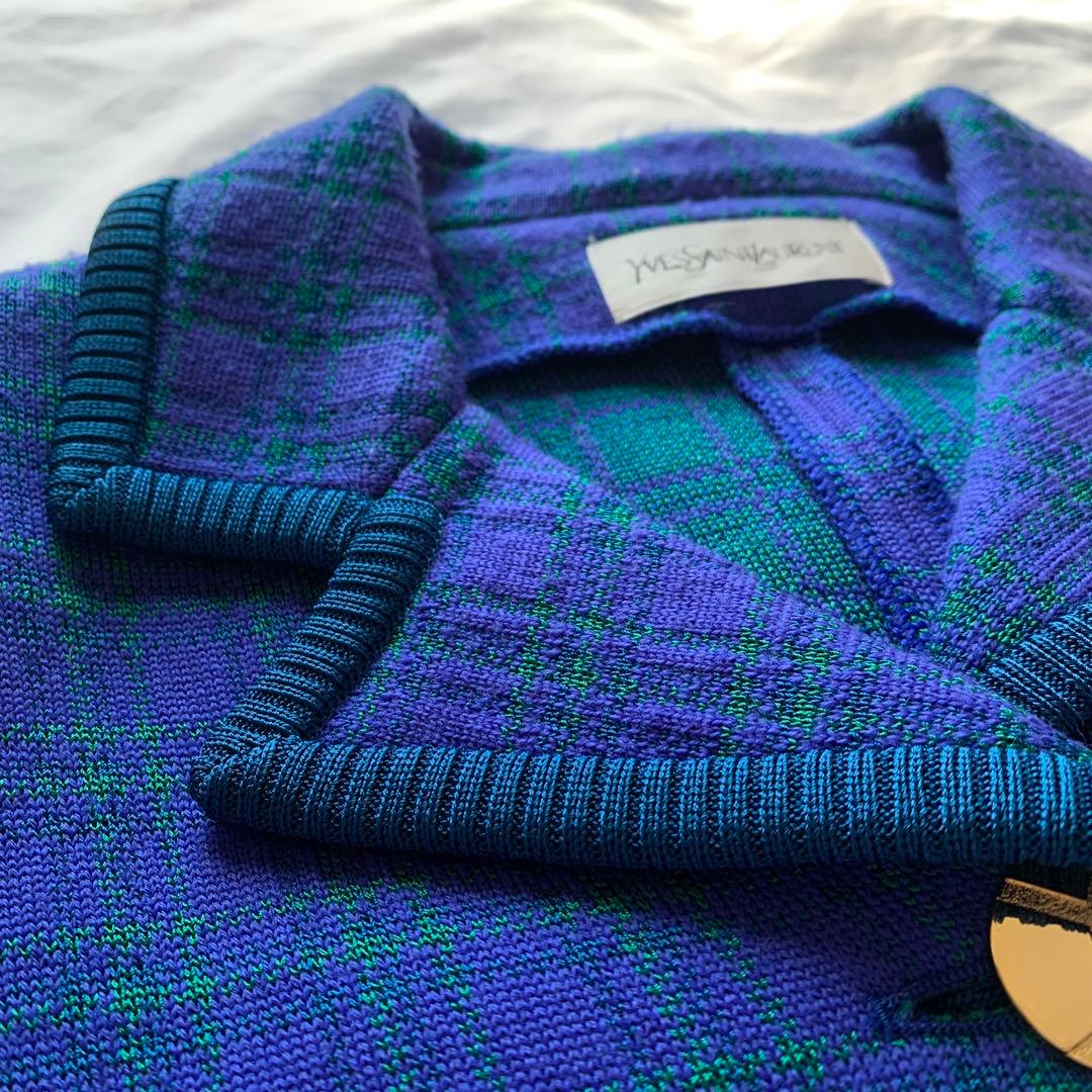 YSL チェック柄 ニット ジャケット 金ボタン ブルー × グリーン