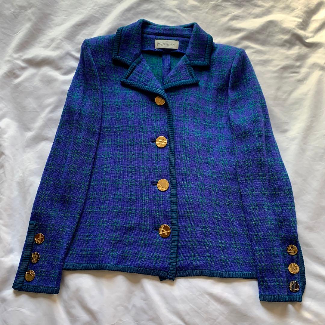 YSL チェック柄 ニット ジャケット 金ボタン ブルー × グリーン