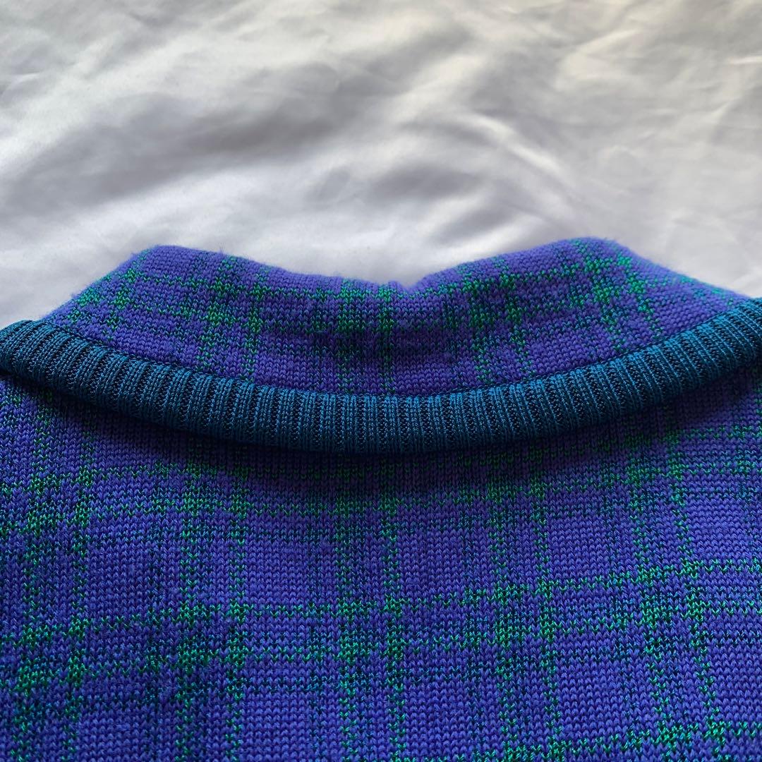 YSL チェック柄 ニット ジャケット 金ボタン ブルー × グリーン