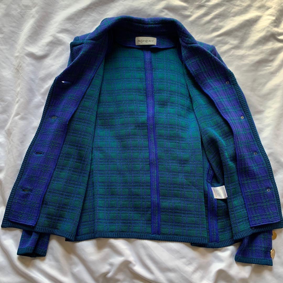 YSL チェック柄 ニット ジャケット 金ボタン ブルー × グリーン