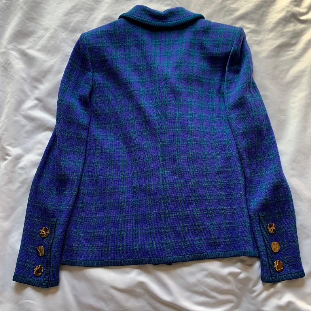 YSL チェック柄 ニット ジャケット 金ボタン ブルー × グリーン