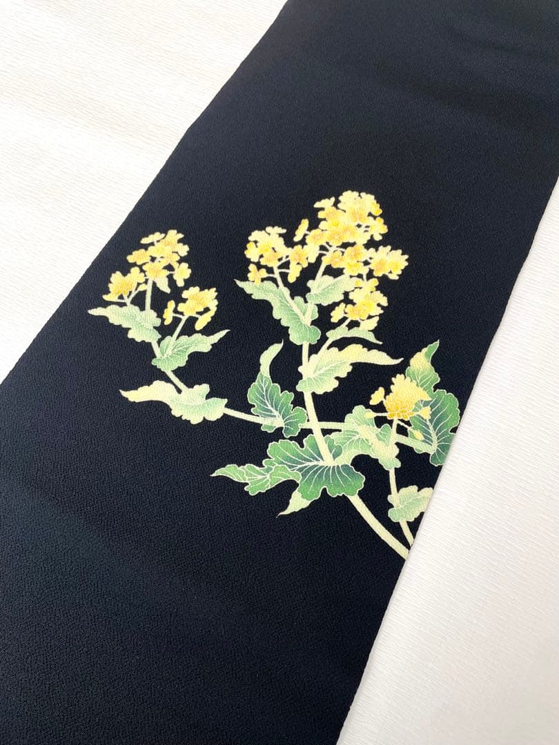 【季節の染め帯】 菜の花 九千名古屋帯 浜ちりめん◇正絹 ブラック 未使用