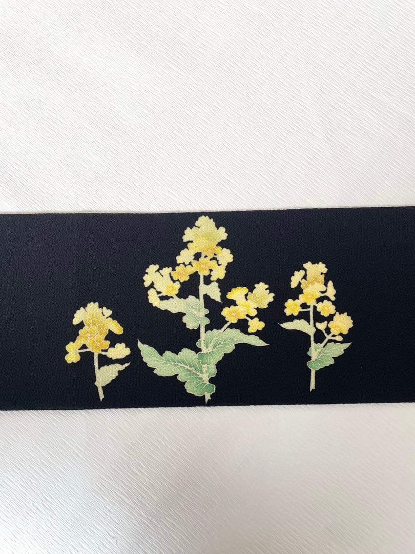 【季節の染め帯】 菜の花 九千名古屋帯 浜ちりめん◇正絹 ブラック 未使用