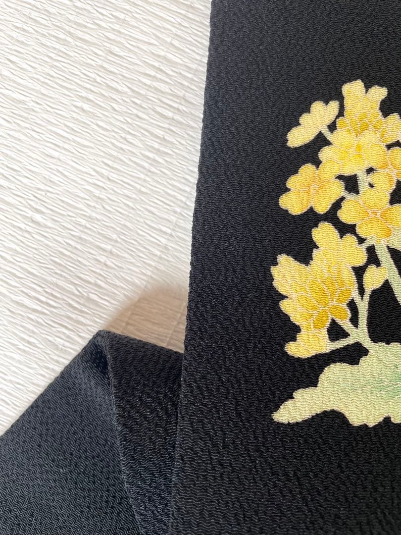 【季節の染め帯】 菜の花 九千名古屋帯 浜ちりめん◇正絹 ブラック 未使用