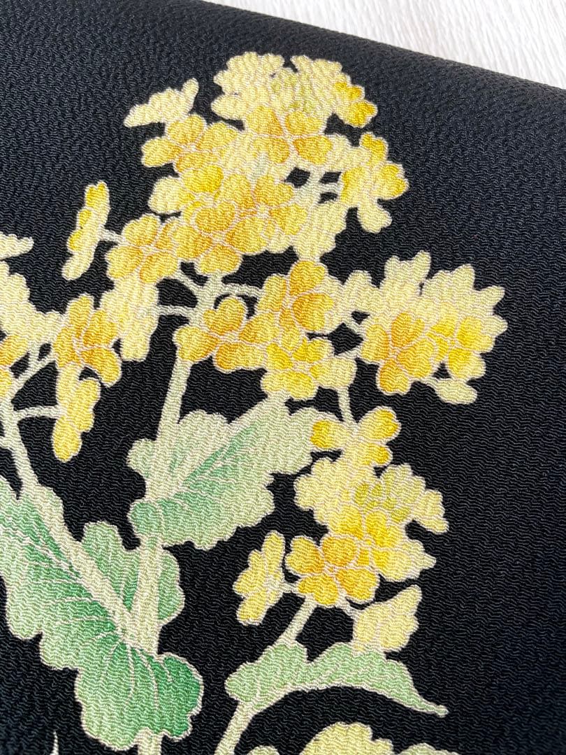 【季節の染め帯】 菜の花 九千名古屋帯 浜ちりめん◇正絹 ブラック 未使用