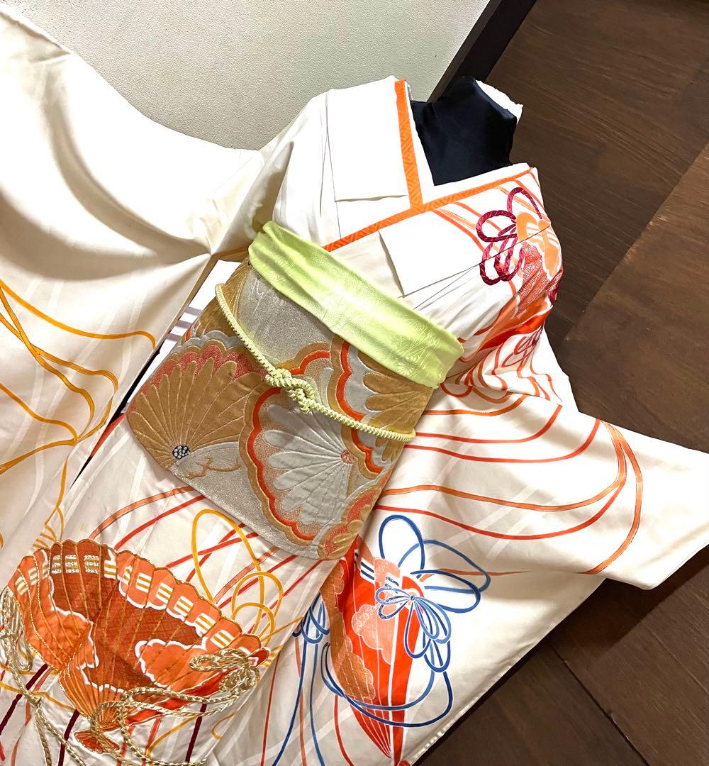 振袖フルセット6点サイズM〜Ｌ駒刺繍　束ね熨斗檜扇花文　金彩　正絹