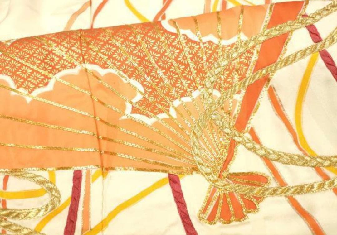 振袖フルセット6点サイズM〜Ｌ駒刺繍　束ね熨斗檜扇花文　金彩　正絹