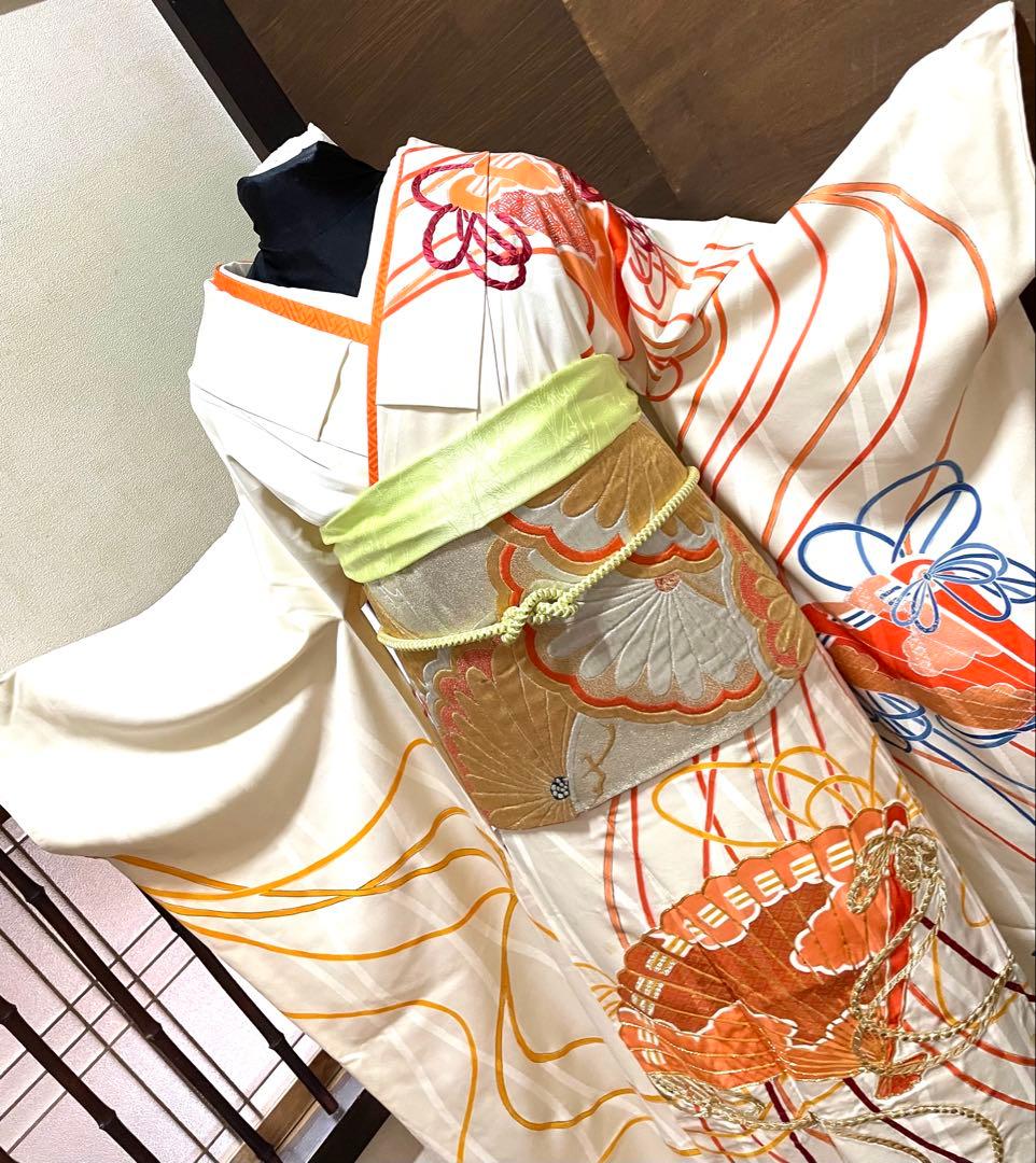 振袖フルセット6点サイズM〜Ｌ駒刺繍　束ね熨斗檜扇花文　金彩　正絹