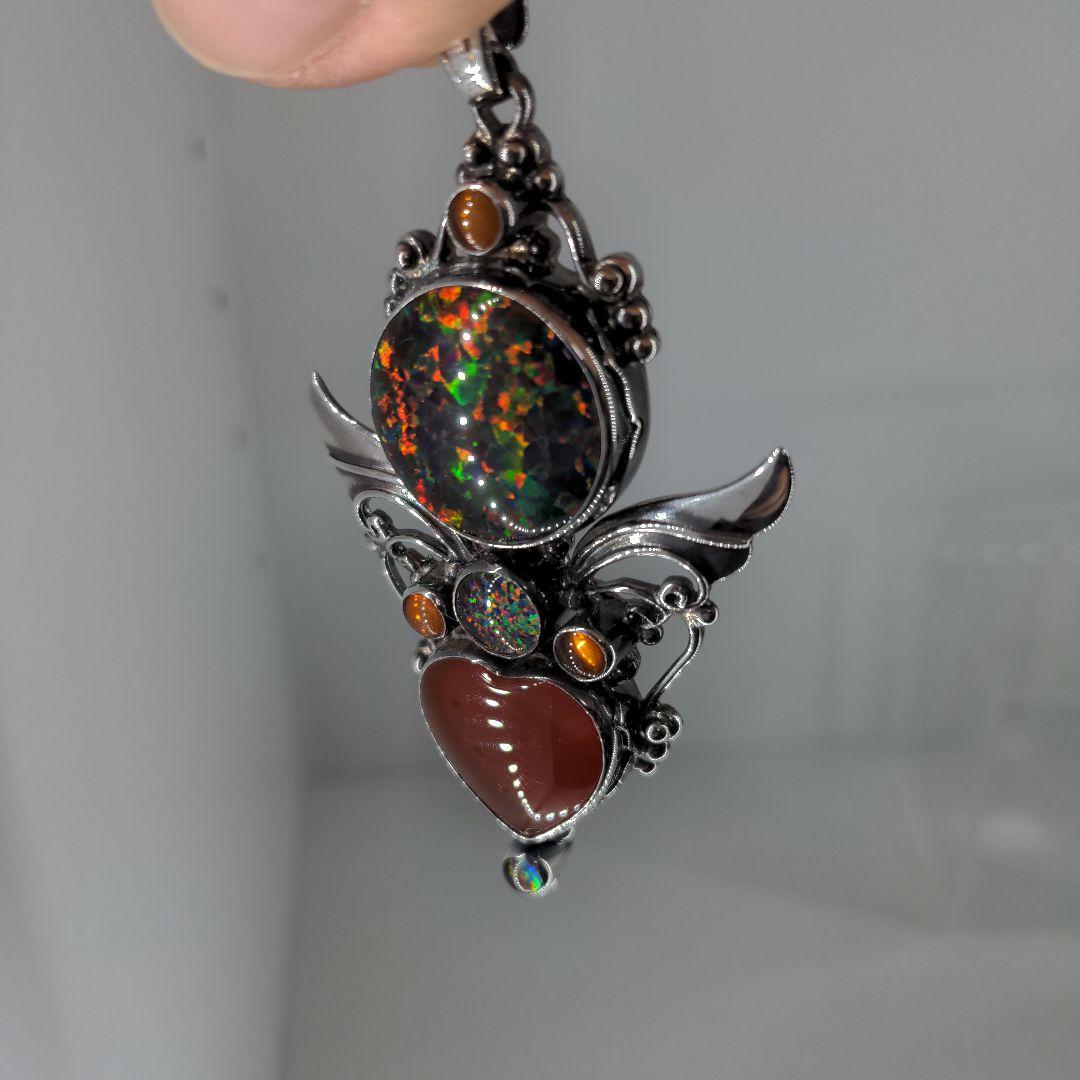 シャンカリ シルバー925 カーネリアンハート型ファイアーオパールペンダント琥珀