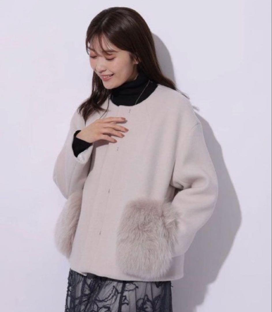 2wayポケファーノーカラーコート　ピンクベージュ　S