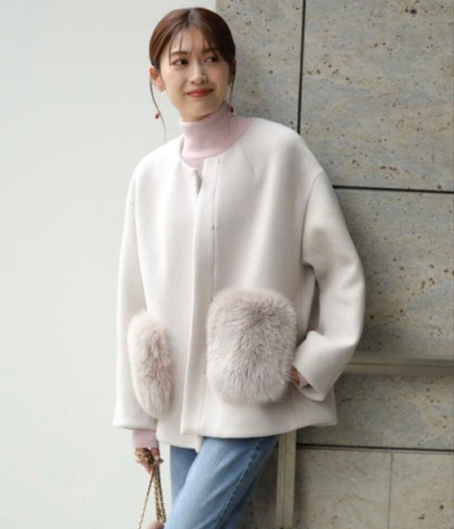 2wayポケファーノーカラーコート　ピンクベージュ　S