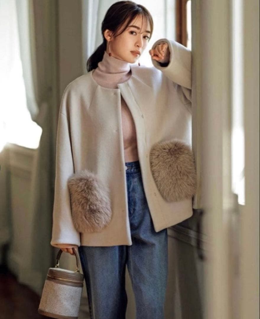 2wayポケファーノーカラーコート　ピンクベージュ　S