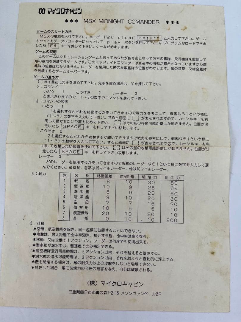 【MSX】ミッドナイトコマンダー　ゲームソフト箱・説明書付き　動作未確認　返品可
