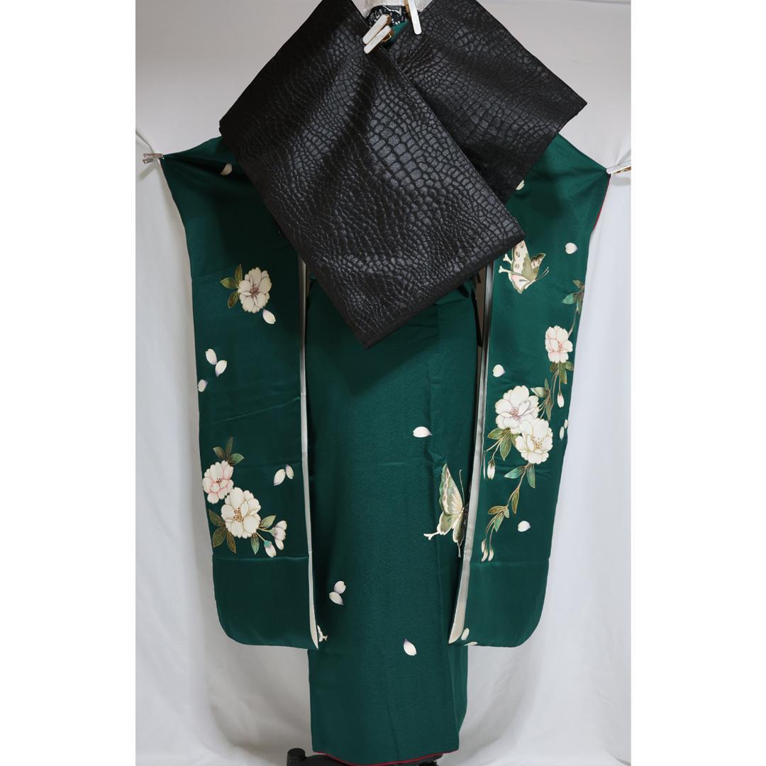 人気深緑ヴィンテージ振袖■158.5cm■単品単体成人式前撮り■正絹 BG25