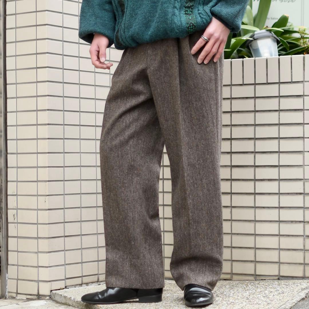 古着 ツイード ネップ タックパンツ スラックス ウールパンツ ブラウン 茶色