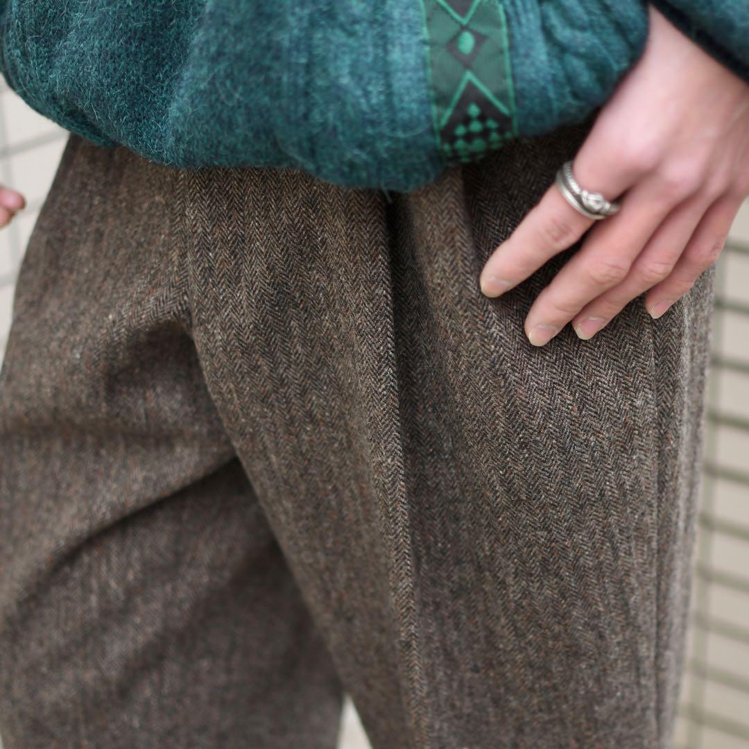 古着 ツイード ネップ タックパンツ スラックス ウールパンツ ブラウン 茶色