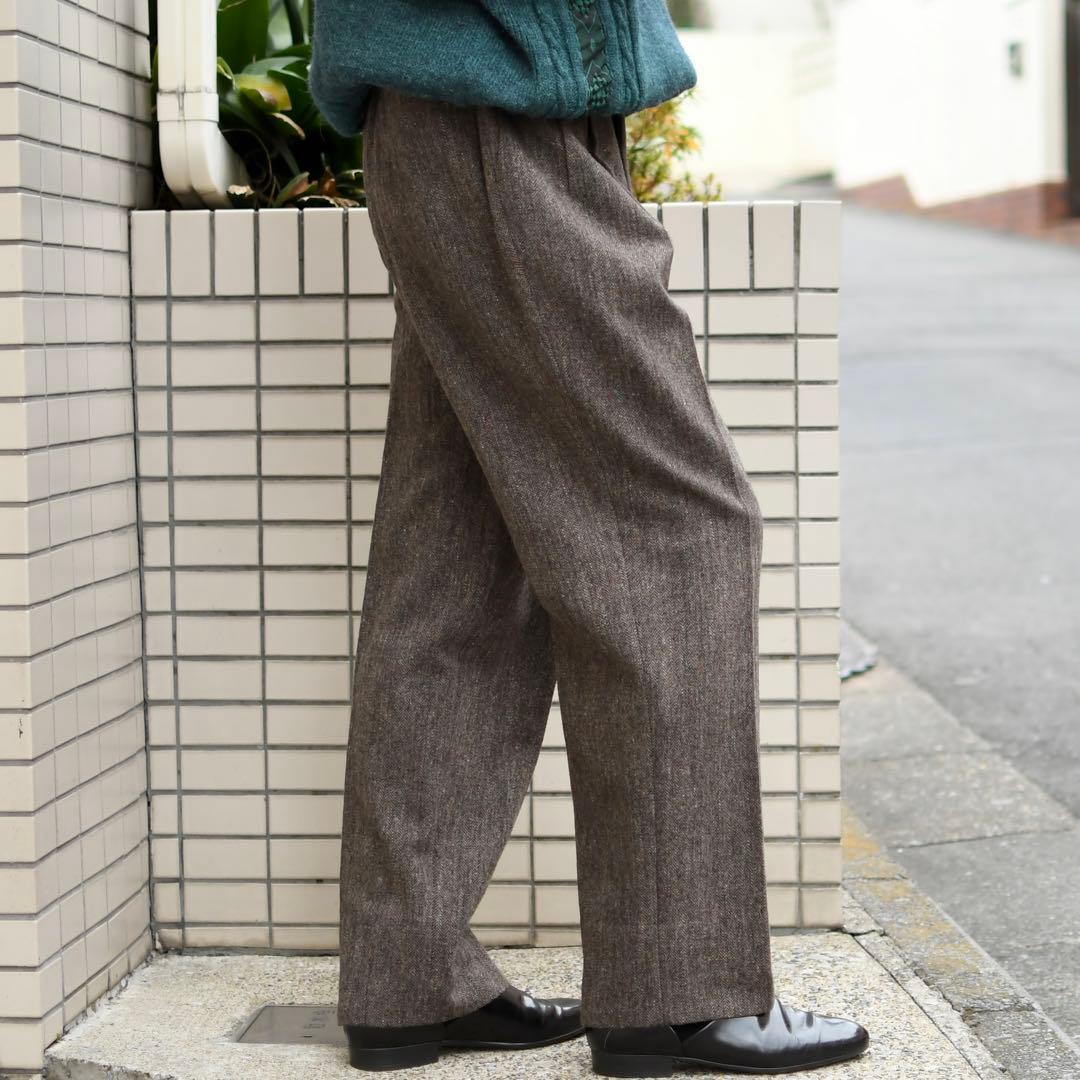 古着 ツイード ネップ タックパンツ スラックス ウールパンツ ブラウン 茶色