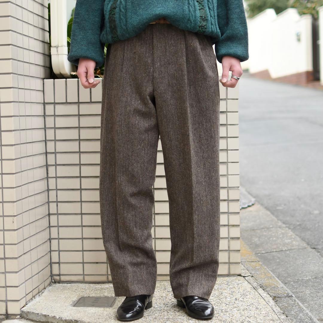 古着 ツイード ネップ タックパンツ スラックス ウールパンツ ブラウン 茶色