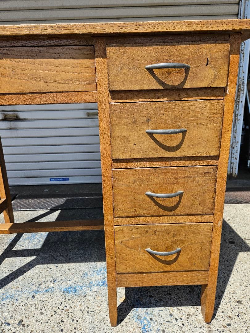 日本のアンティーク 古い片袖机 木製 作業台 アトリエ デスク ヴィンテージ