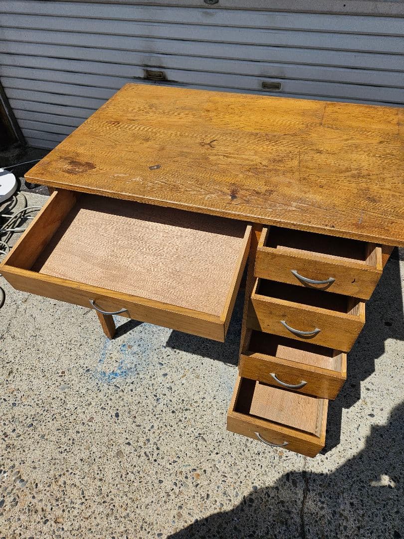 日本のアンティーク 古い片袖机 木製 作業台 アトリエ デスク ヴィンテージ