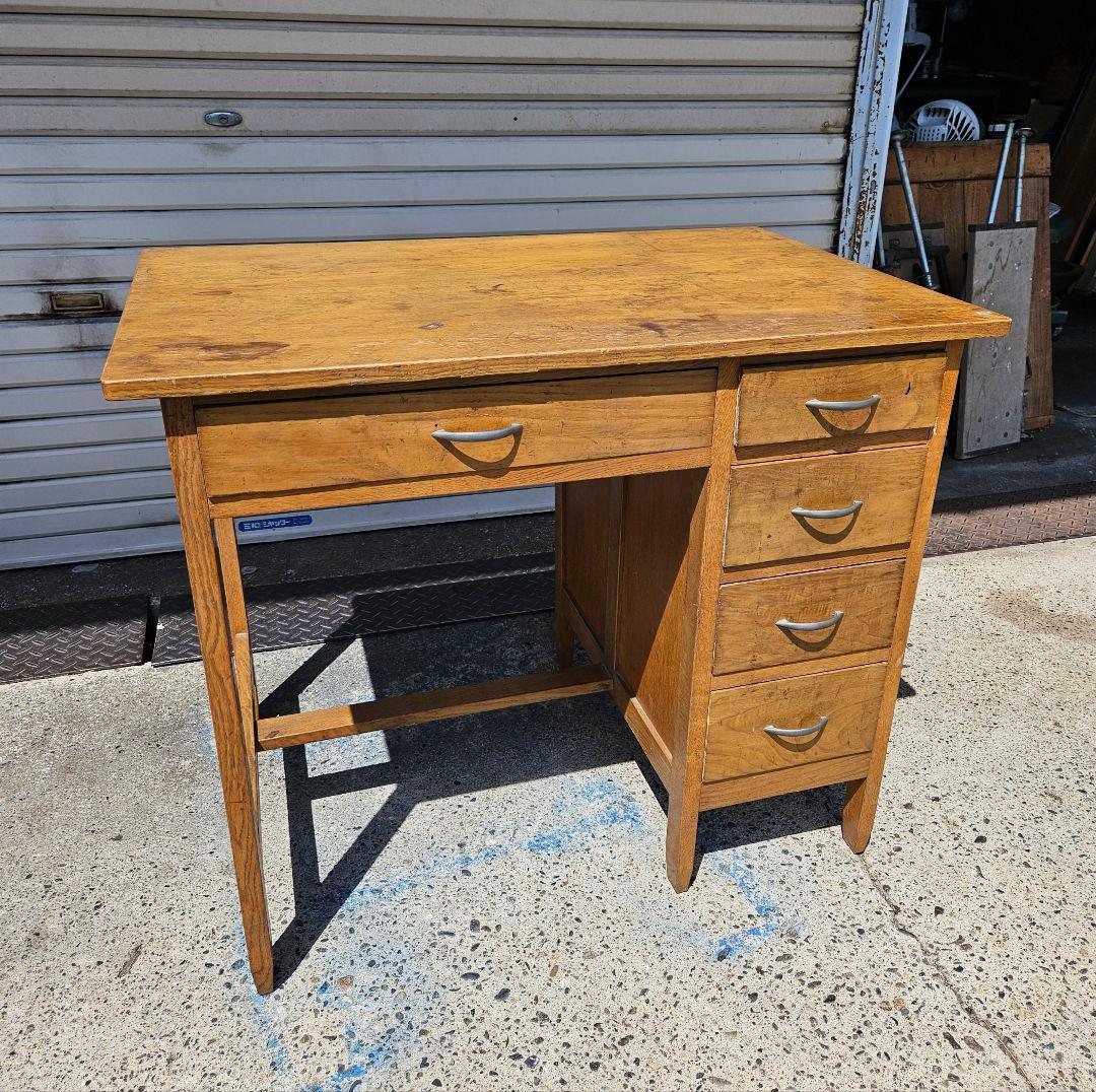 日本のアンティーク 古い片袖机 木製 作業台 アトリエ デスク ヴィンテージ