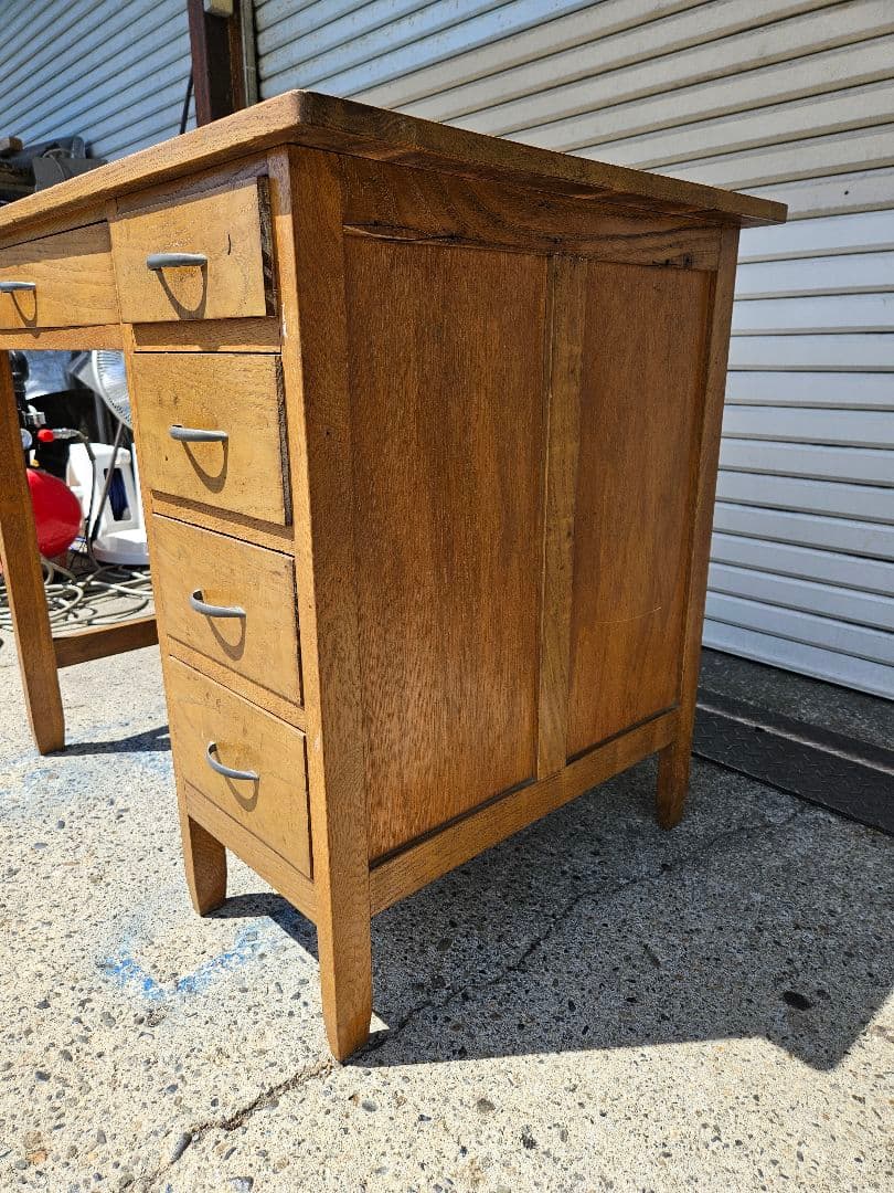 日本のアンティーク 古い片袖机 木製 作業台 アトリエ デスク ヴィンテージ