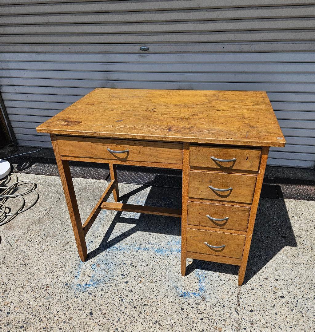 日本のアンティーク 古い片袖机 木製 作業台 アトリエ デスク ヴィンテージ