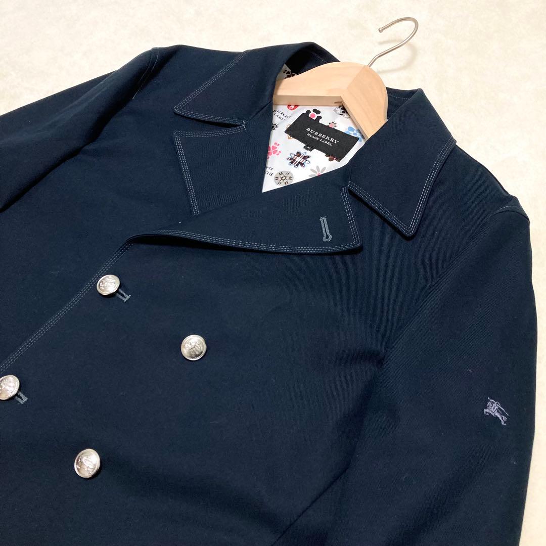 バーバリーブラックレーベル ピーコート ナポレオンコート 裏地総柄 銀ボタン 紺