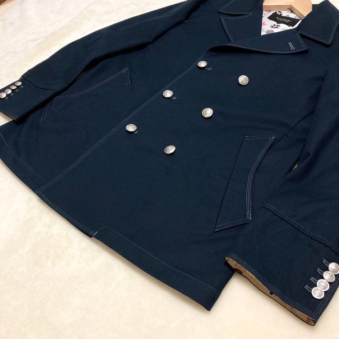 バーバリーブラックレーベル ピーコート ナポレオンコート 裏地総柄 銀ボタン 紺
