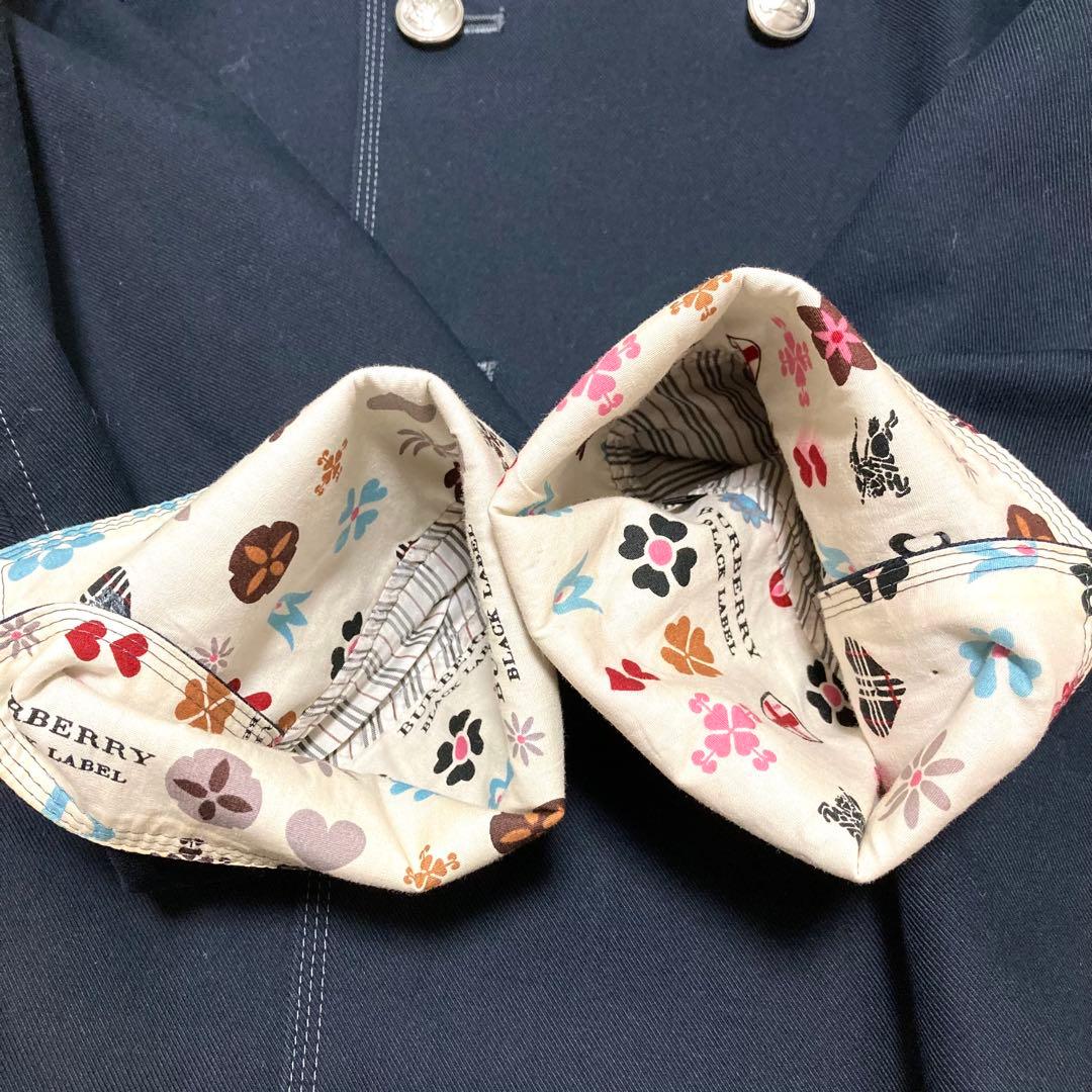 バーバリーブラックレーベル ピーコート ナポレオンコート 裏地総柄 銀ボタン 紺